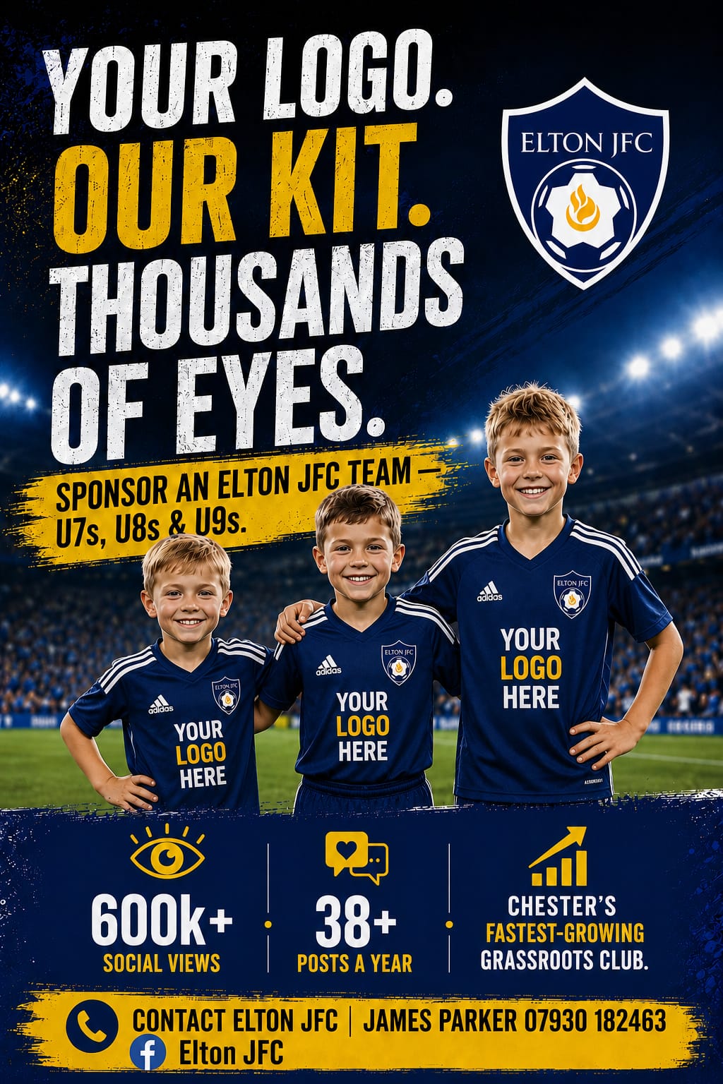 Elton JFC kit sponsorship flyer — Your logo. Our kit. Thousands of eyes.